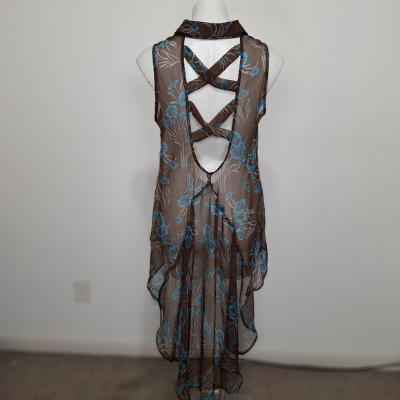 Cecico Sheer Brown Floral Academia Collared Button Down Hi-Lo Hem Top Size L - Picture 9 of 14
